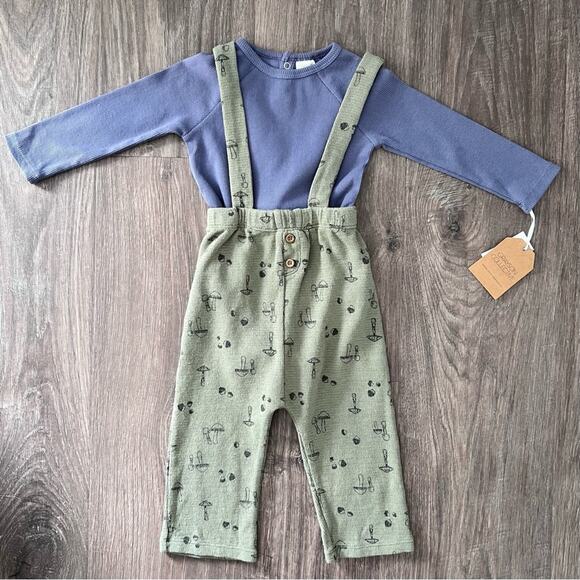 Grayson Collective Boys 2 Pc Outfit 12M Blue Ribbed Bodysuit Green Mushroom Set - Picture 8 of 11